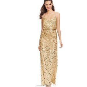 NWT Adrianna Papell Long Blouson Chevron Dress Gold Sequin Formal Gown Sz 6 $340
